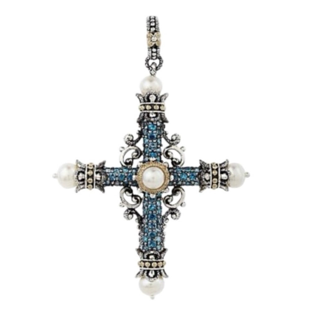 Barbara Bixby Amazing Grace 18K Gold .925 Silver Blue Topaz Pearl Cross Enhancer